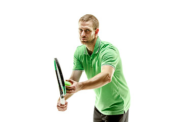 Image showing one caucasian man playing tennis player isolated on white background