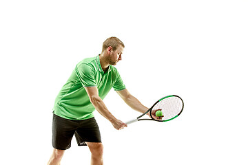 Image showing one caucasian man playing tennis player isolated on white background