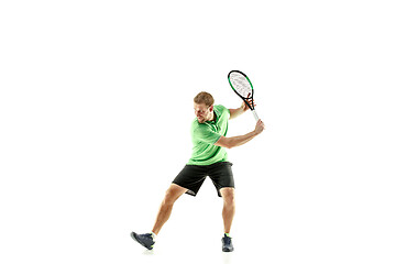 Image showing one caucasian man playing tennis player isolated on white background