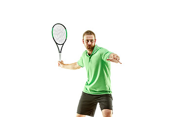 Image showing one caucasian man playing tennis player isolated on white background