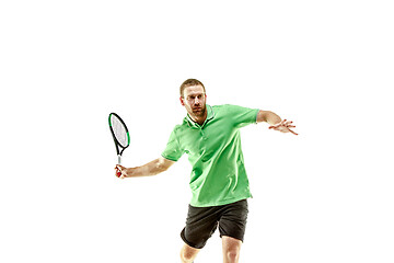 Image showing one caucasian man playing tennis player isolated on white background