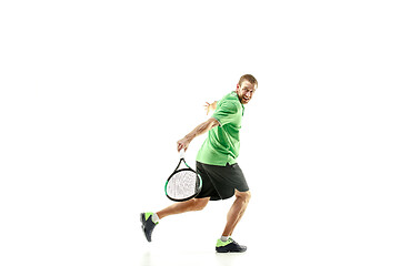 Image showing one caucasian man playing tennis player isolated on white background