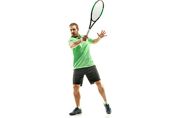 Image showing one caucasian man playing tennis player isolated on white background