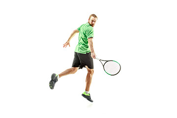 Image showing one caucasian man playing tennis player isolated on white background