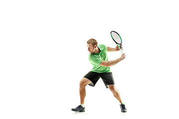 Image showing one caucasian man playing tennis player isolated on white background