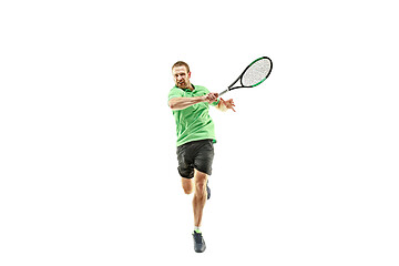 Image showing one caucasian man playing tennis player isolated on white background