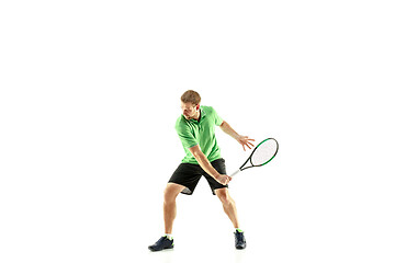 Image showing one caucasian man playing tennis player isolated on white background