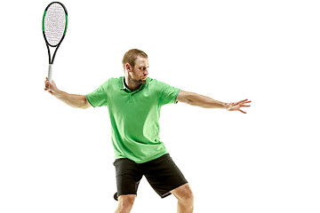 Image showing one caucasian man playing tennis player isolated on white background