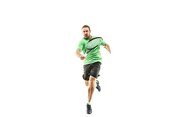 Image showing one caucasian man playing tennis player isolated on white background