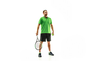 Image showing one caucasian man playing tennis player isolated on white background