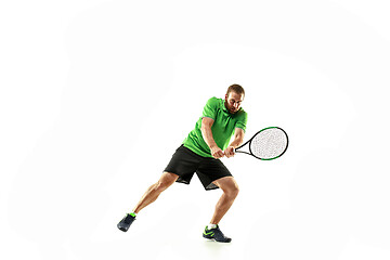 Image showing one caucasian man playing tennis player isolated on white background