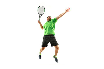 Image showing one caucasian man playing tennis player isolated on white background