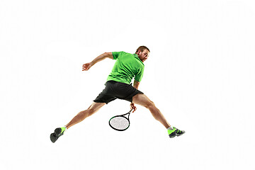 Image showing one caucasian man playing tennis player isolated on white background