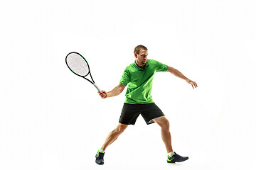 Image showing one caucasian man playing tennis player isolated on white background