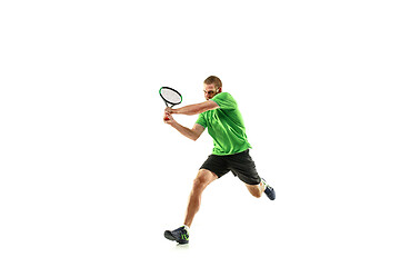 Image showing one caucasian man playing tennis player isolated on white background