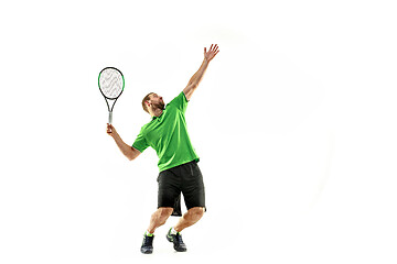 Image showing one caucasian man playing tennis player isolated on white background