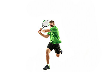 Image showing one caucasian man playing tennis player isolated on white background