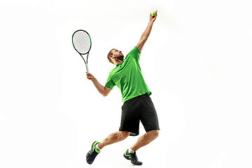 Image showing one caucasian man playing tennis player isolated on white background