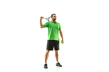 Image showing one caucasian man playing tennis player isolated on white background