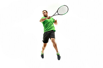 Image showing one caucasian man playing tennis player isolated on white background