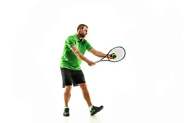 Image showing one caucasian man playing tennis player isolated on white background