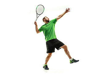 Image showing one caucasian man playing tennis player isolated on white background