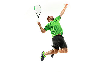 Image showing one caucasian man playing tennis player isolated on white background