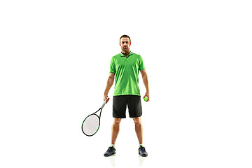 Image showing one caucasian man playing tennis player isolated on white background