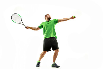 Image showing one caucasian man playing tennis player isolated on white background