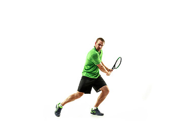 Image showing one caucasian man playing tennis player isolated on white background