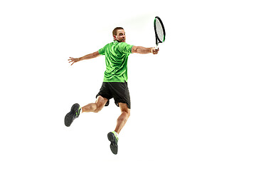 Image showing one caucasian man playing tennis player isolated on white background