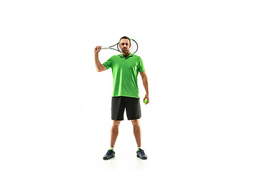 Image showing one caucasian man playing tennis player isolated on white background