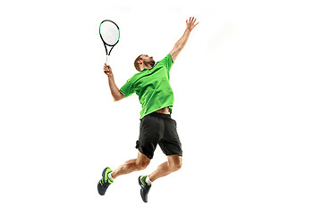 Image showing one caucasian man playing tennis player isolated on white background