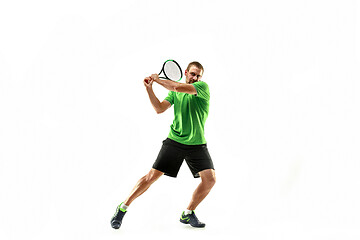 Image showing one caucasian man playing tennis player isolated on white background