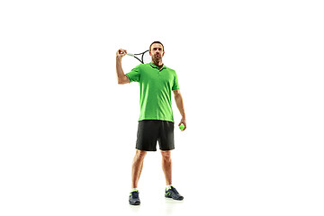 Image showing one caucasian man playing tennis player isolated on white background