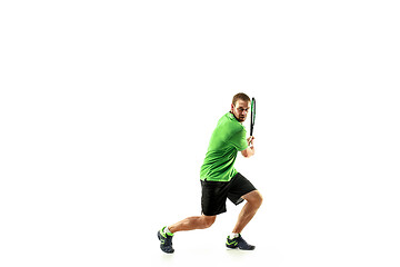 Image showing one caucasian man playing tennis player isolated on white background