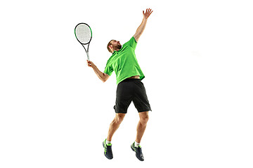 Image showing one caucasian man playing tennis player isolated on white background