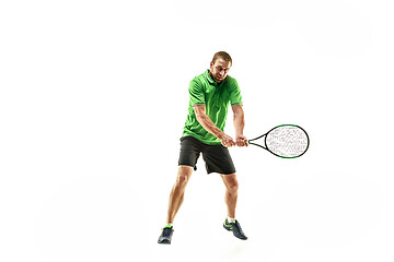 Image showing one caucasian man playing tennis player isolated on white background