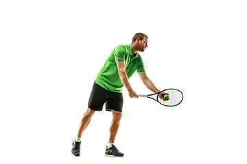 Image showing one caucasian man playing tennis player isolated on white background