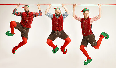 Image showing friendly men dressed like a funny gnome posing on an isolated gray background