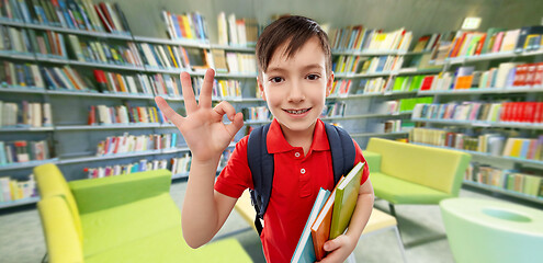 Image showing student boy with books showing ok at library