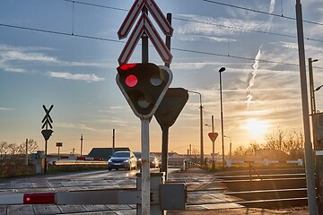 Image showing Railway crossing closed, red lights