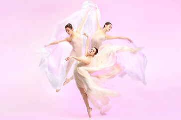 Image showing Ballerina. Young graceful female ballet dancer dancing over pink studio. Beauty of classic ballet.