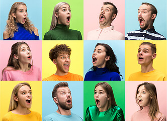 Image showing The woman and man screaming with open mouth isolated on yellow background, concept face emotion