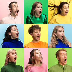 Image showing The woman and man screaming with open mouth isolated on yellow background, concept face emotion