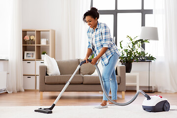 Image showing woman or housewife with vacuum cleaner at home