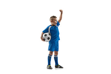 Image showing Young boy with soccer ball doing flying kick