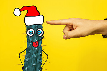 Image showing Cactus hipster man with santa hat. Tropical Christmas concept. Minimal fun art