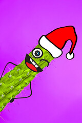 Image showing Cactus hipster man with santa hat. Tropical Christmas concept. Minimal fun art