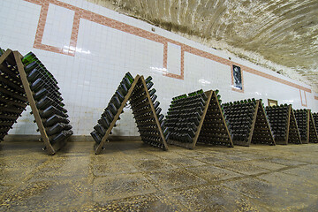 Image showing Storage hall of white sparkling wine bottles